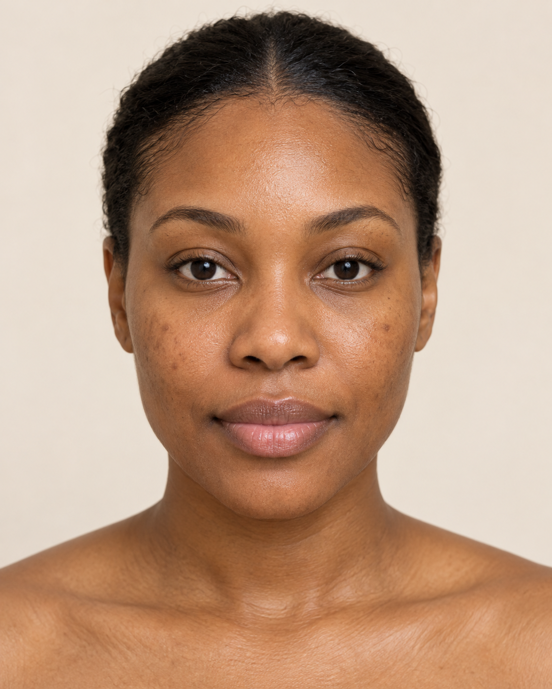 AI-generated portrait of a Black woman with natural skin texture and subtle cheek hyperpigmentation